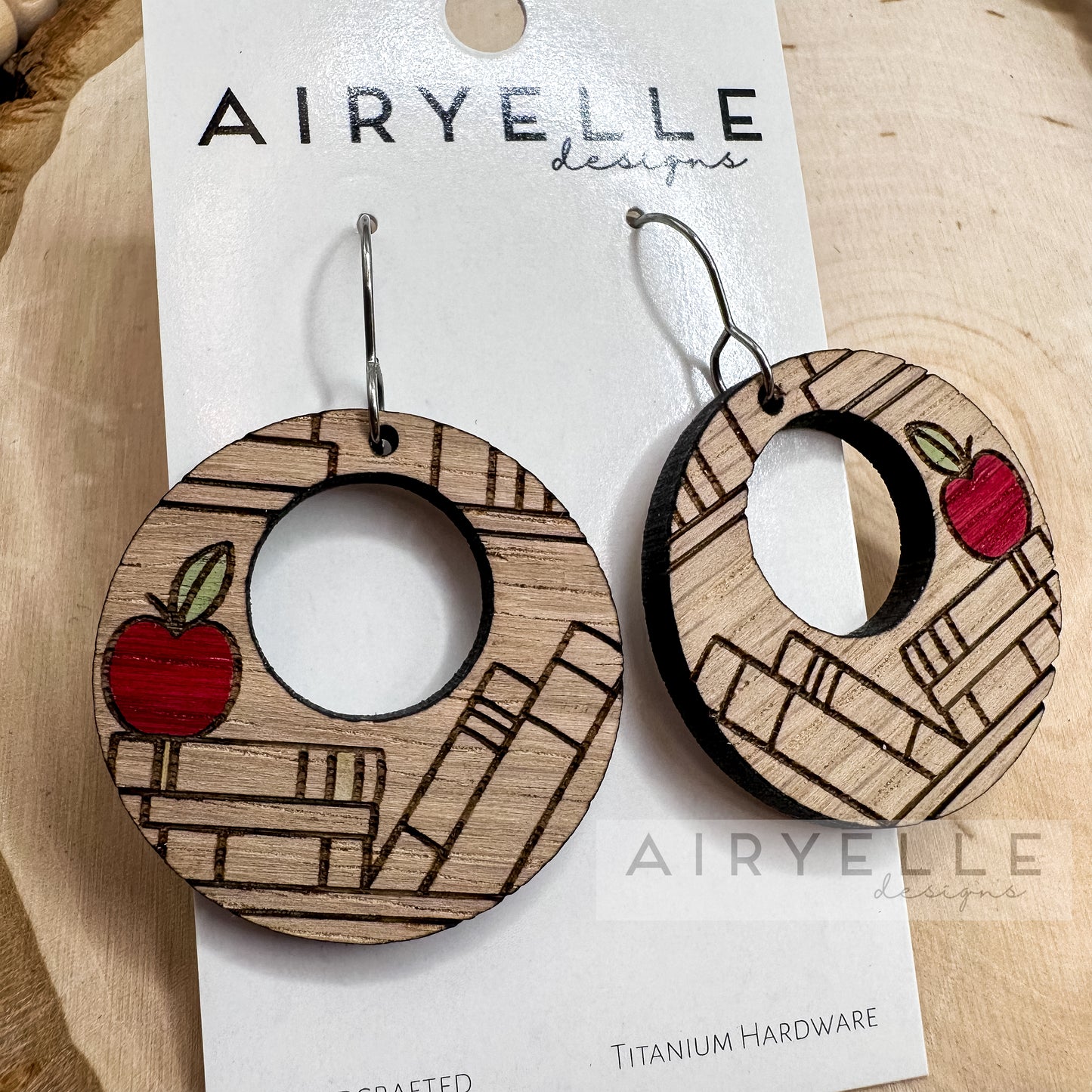 Teacher Apple Wood Hoop Earrings - Titanium for Sensitive Ears