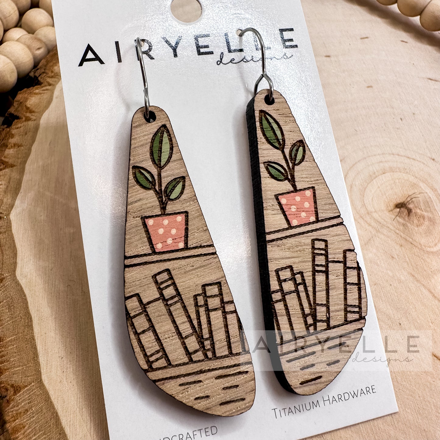 Books + Plant Angled Bar Wood Earrings