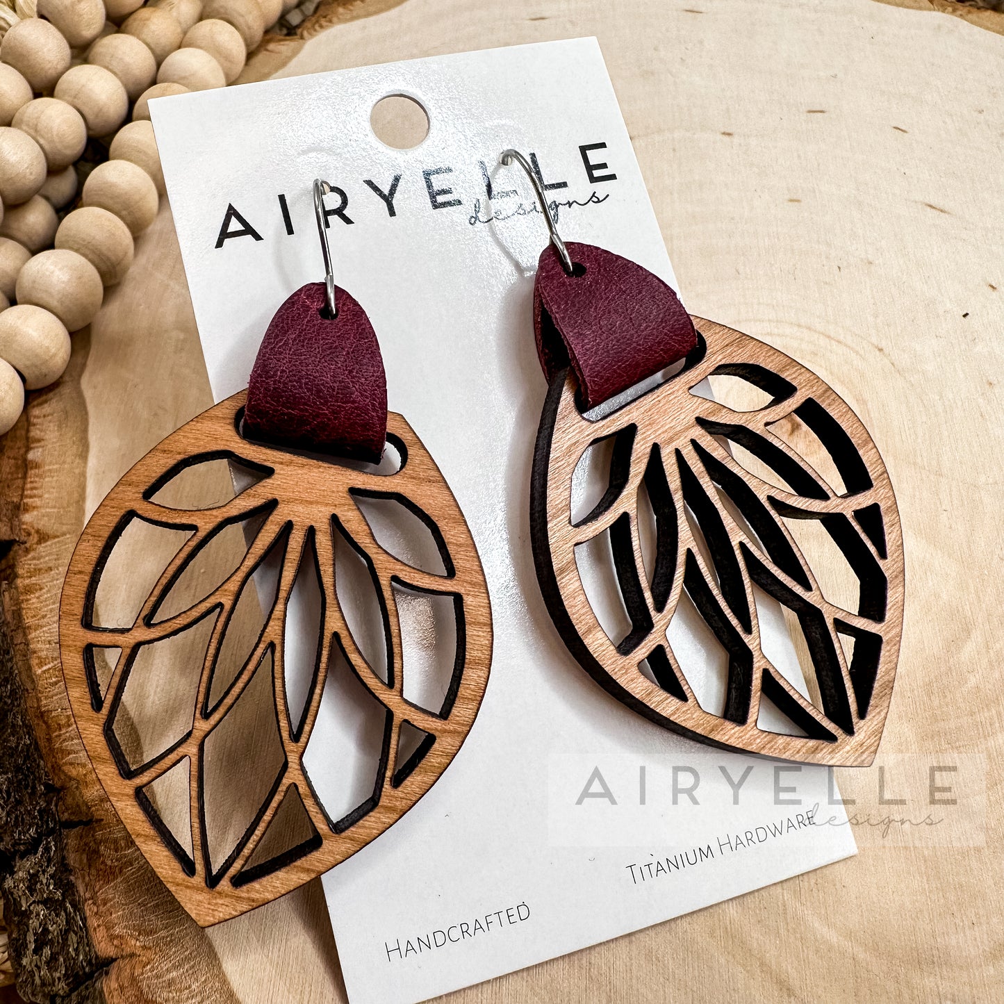Maroon Leather + Wood Petal Cut Out Earrings