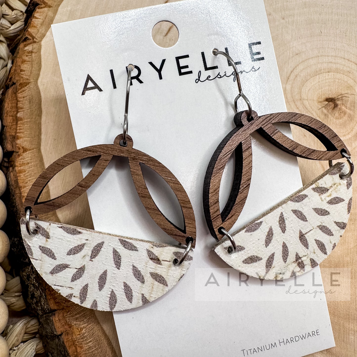 Almond Seed Cork + Leather Wood Petal Arch Earrings