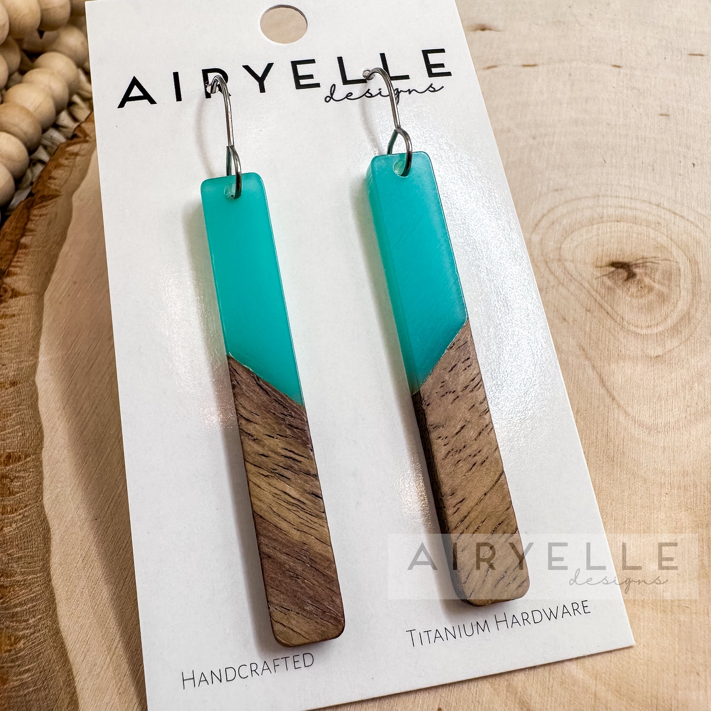 Resin + Wood Minimalist Bar Earrings - Aqua
