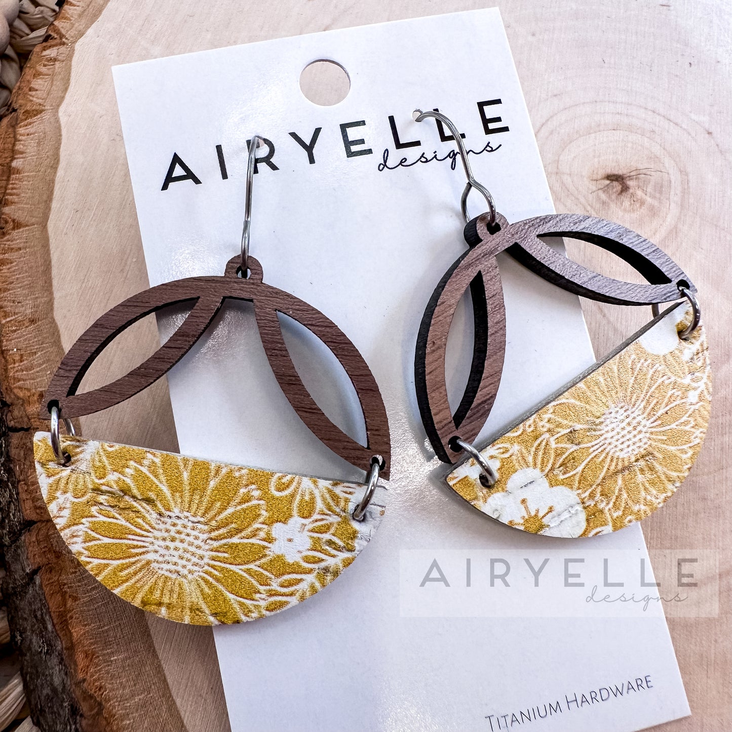 Summer Yellow Cork + Leather Wood Petal Arch Earrings