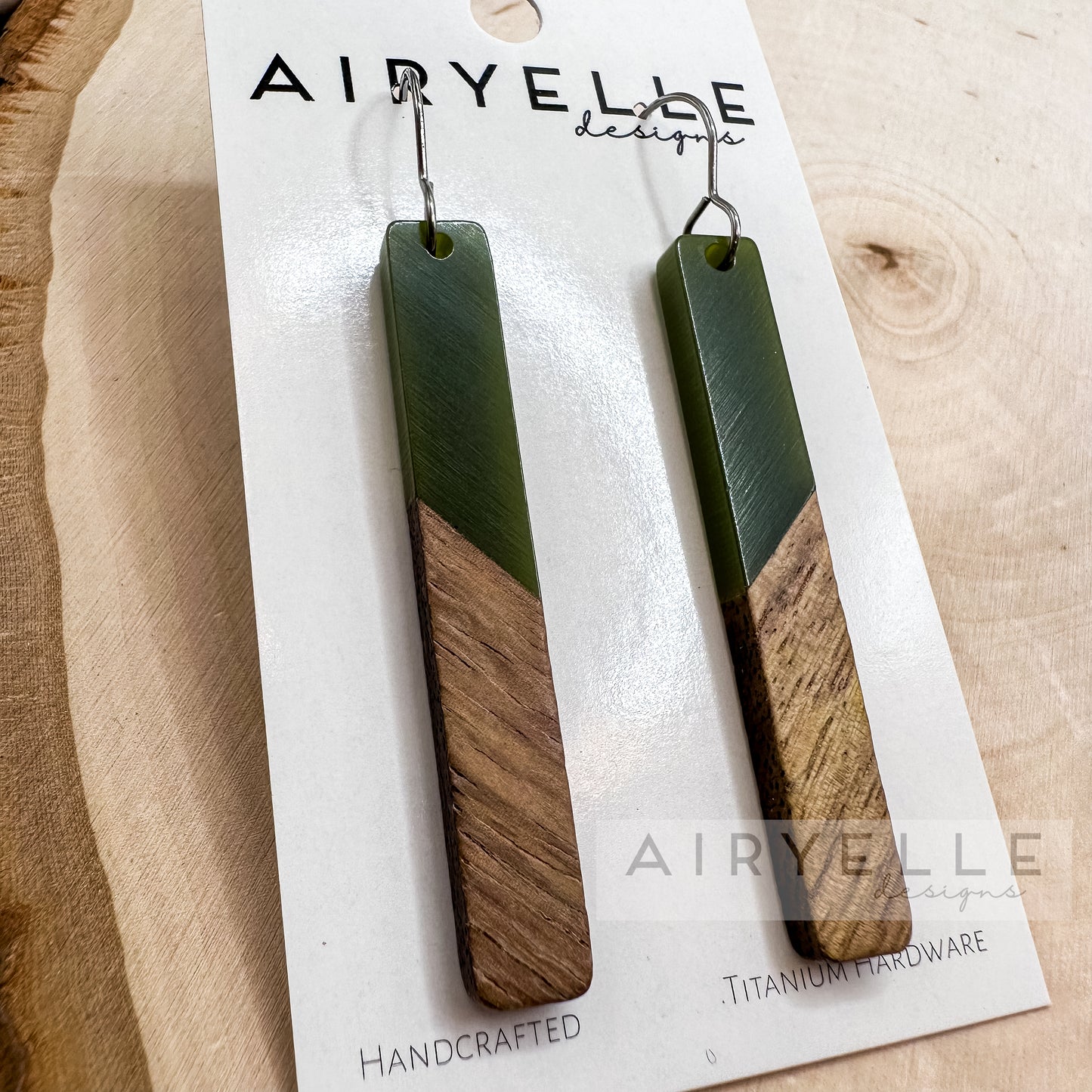 Resin + Wood Minimalist Bar Earrings - Olive - Titanium for Sensitive Ears