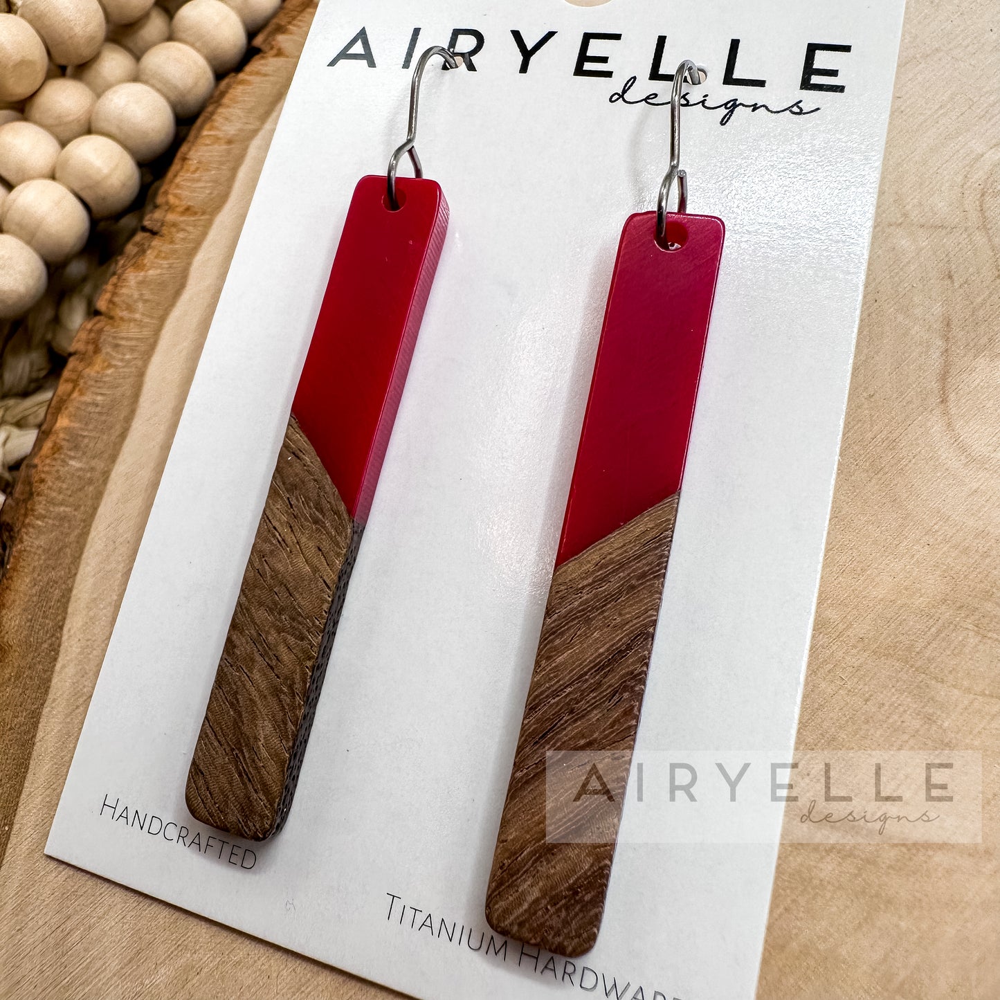 Resin + Wood Minimalist Bar Earrings - Red