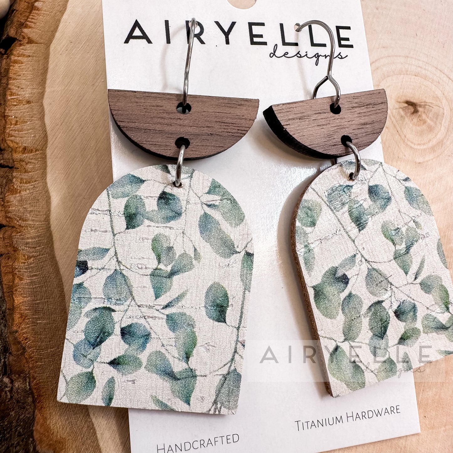 Eucalyptus Cork + Leather Wood Arch Earrings