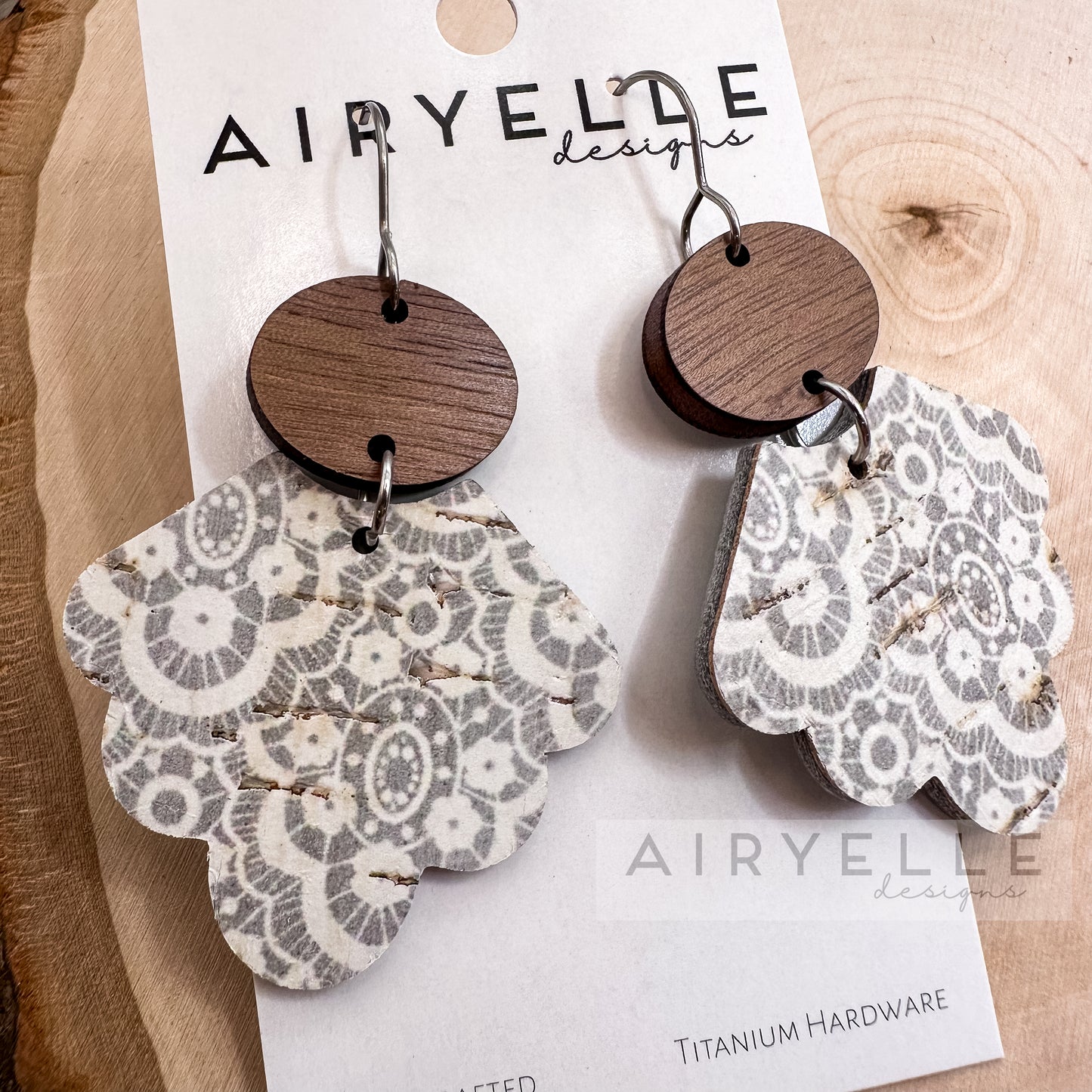 French Lace Scalloped Cork + Leather Wood Earrings