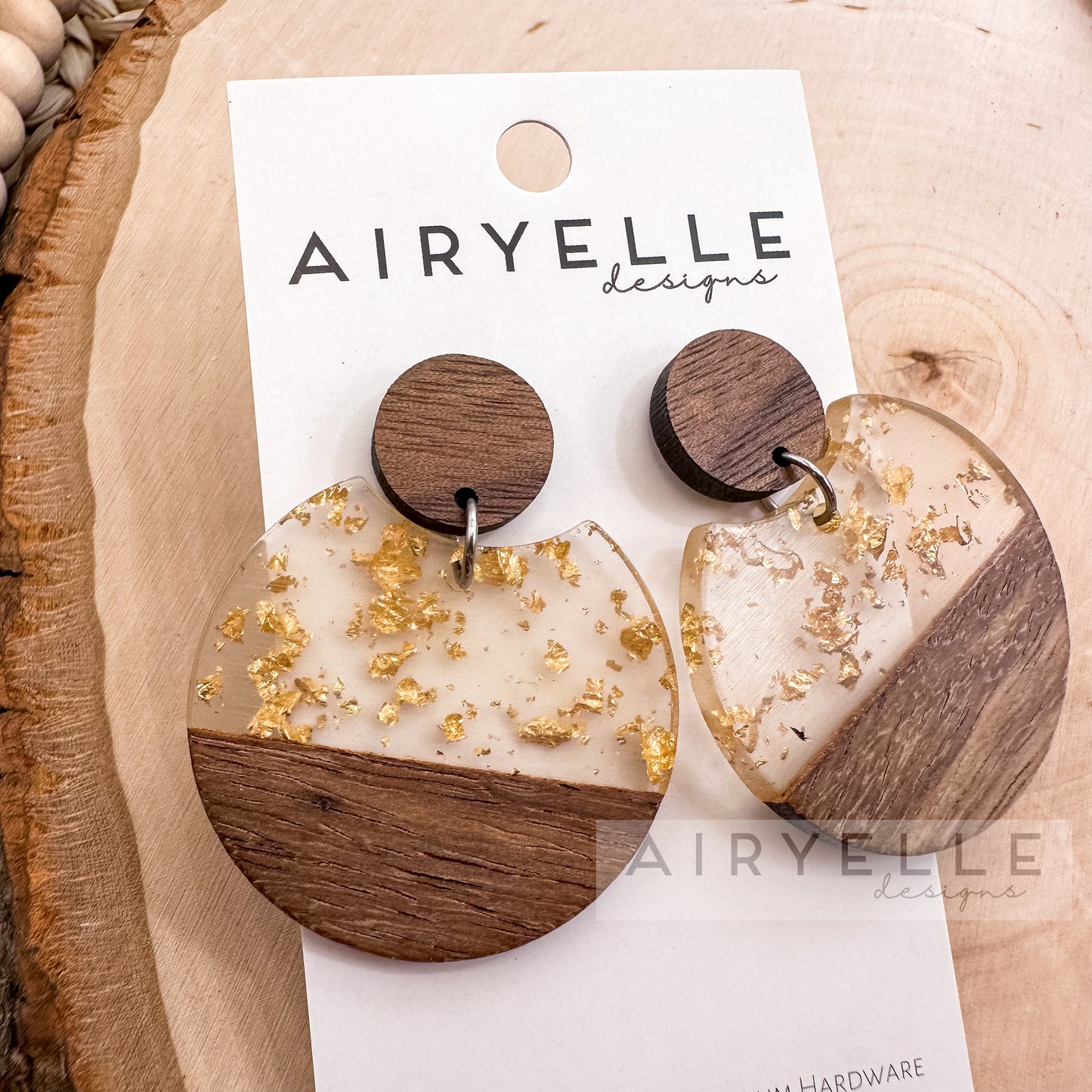 Gold Flake Round Eclipse Wood Earrings - Titanium for Sensitive Ears