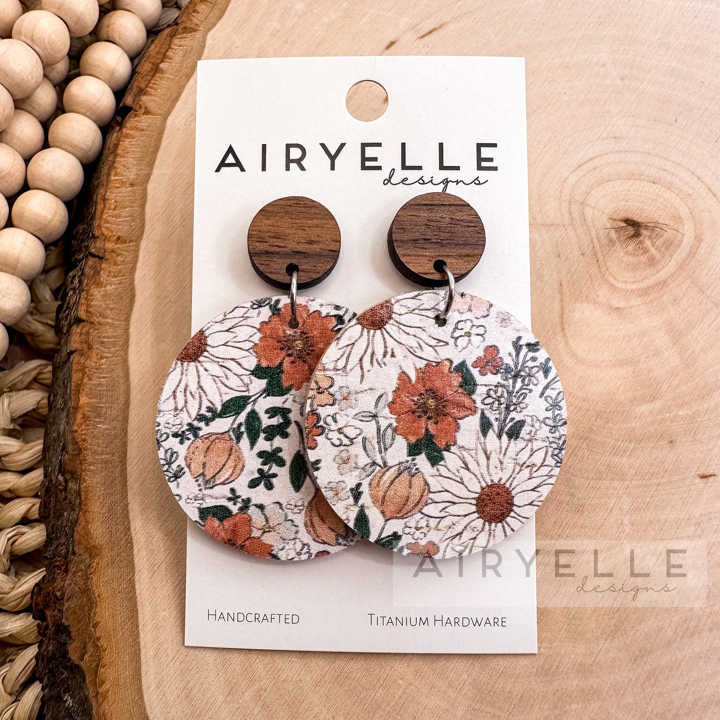 Boho Floral Dreams Cork + Leather Wood Round Earrings