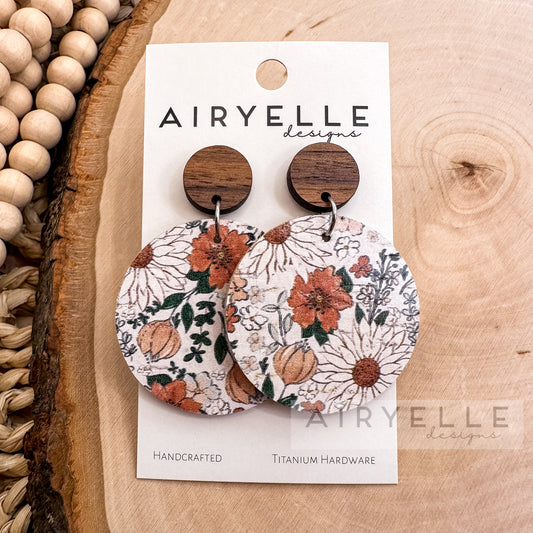 Boho Floral Dreams Cork + Leather Wood Round Earrings