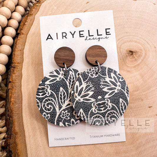 Cornflower Vines Cork + Leather Wood Round Earrings