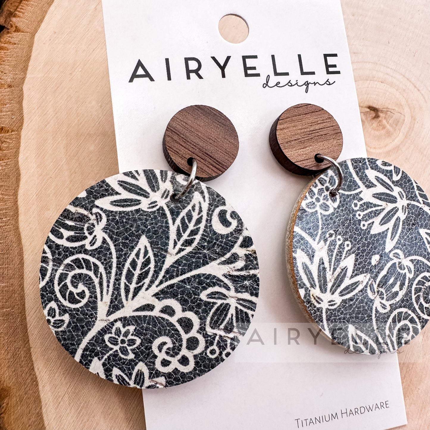 Cornflower Vines Cork + Leather Wood Round Earrings