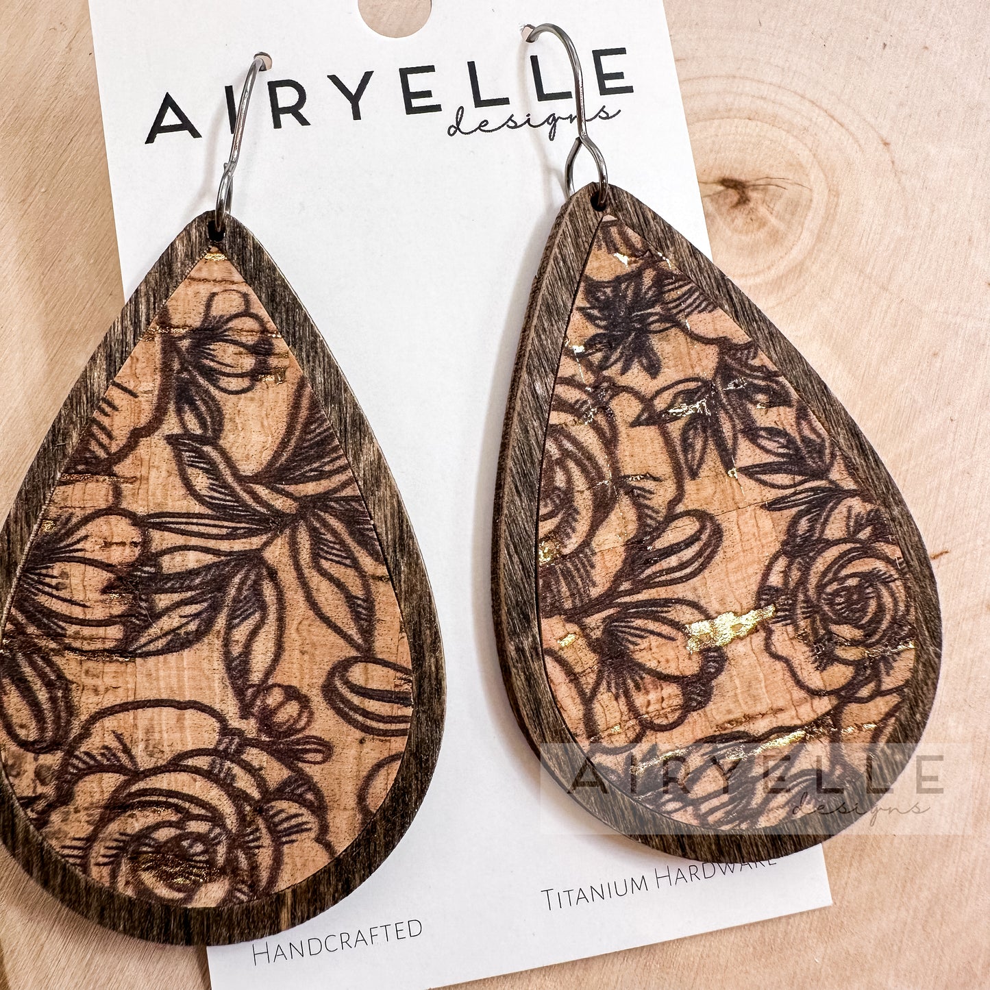 Rose Outline + Gold Flakes Cork Inlay Wood Teardrop Earrings - Titanium for Sensitive Ears