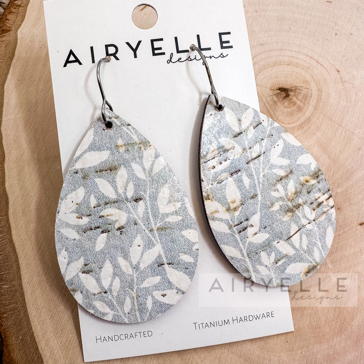 Light Blue Willow Cork + Leather Teardrop Earrings