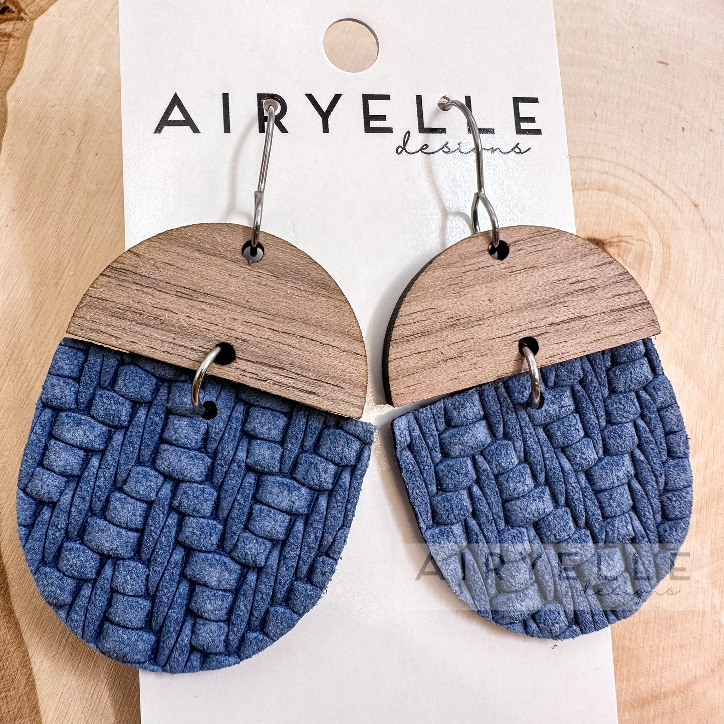 Navy Embossed Sweater Leather + Wood Scoop Earrings