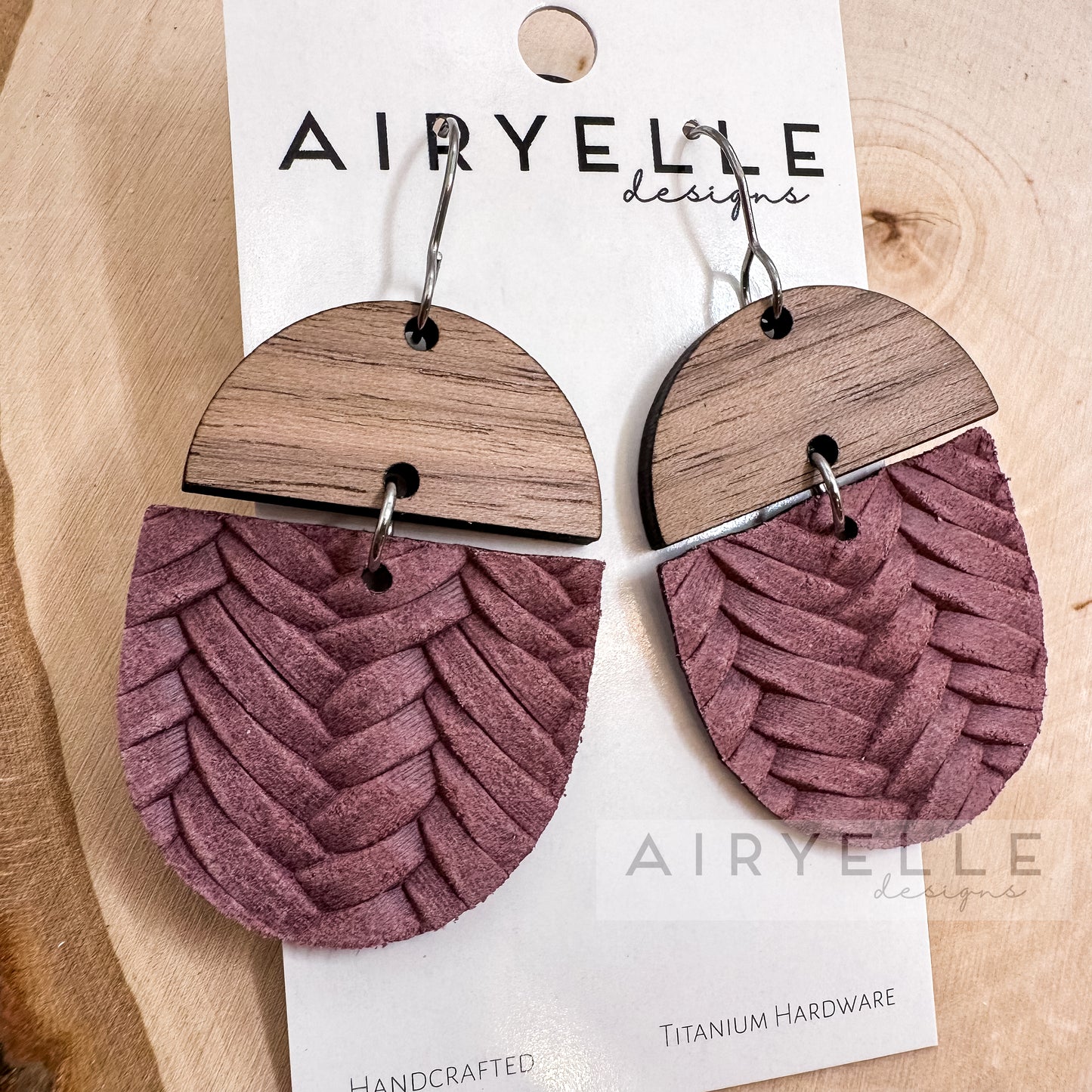 Mauve Braid Embossed Leather + Wood Scoop Earrings