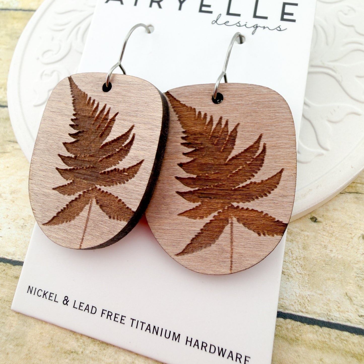 Fossil Fern Wooden Earrings - Titanium for Sensitive Ears