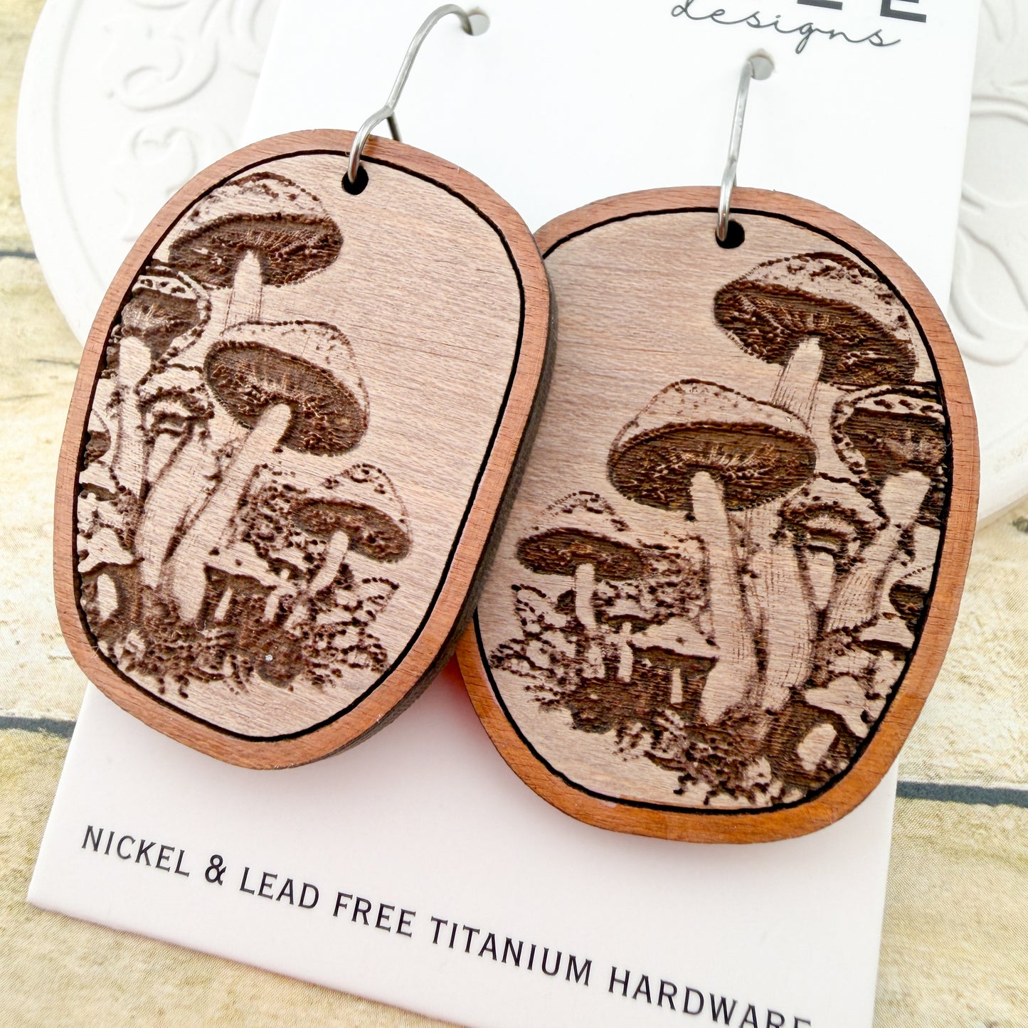 Mosswood Mushroom Wooden Earrings - Titanium for Sensitive Ears