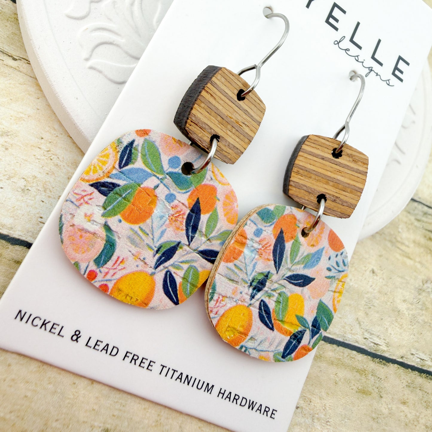 Citrus Grove Square Cork + Leather Earrings - Titanium for Sensitive Ears