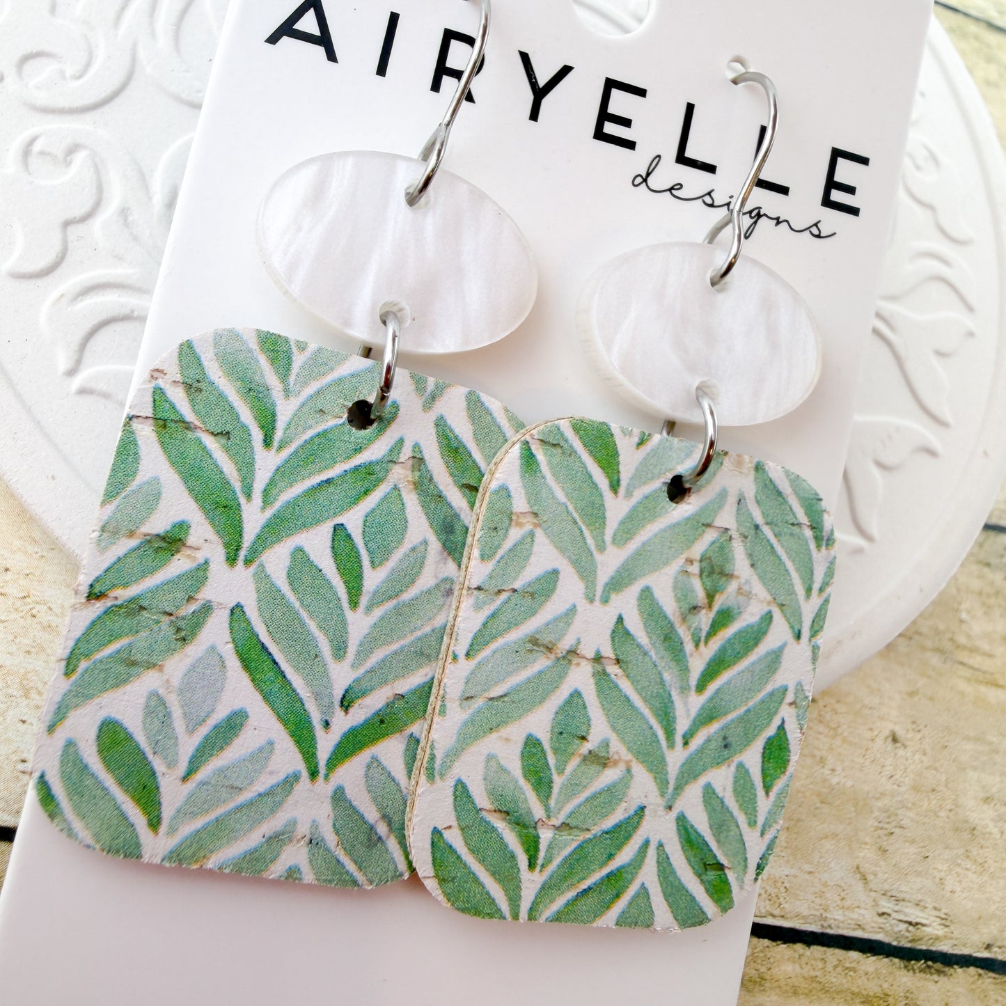 Rain Kissed Leaves Square Pearl Cork + Leather Earrings - Titanium for Sensitive Ears