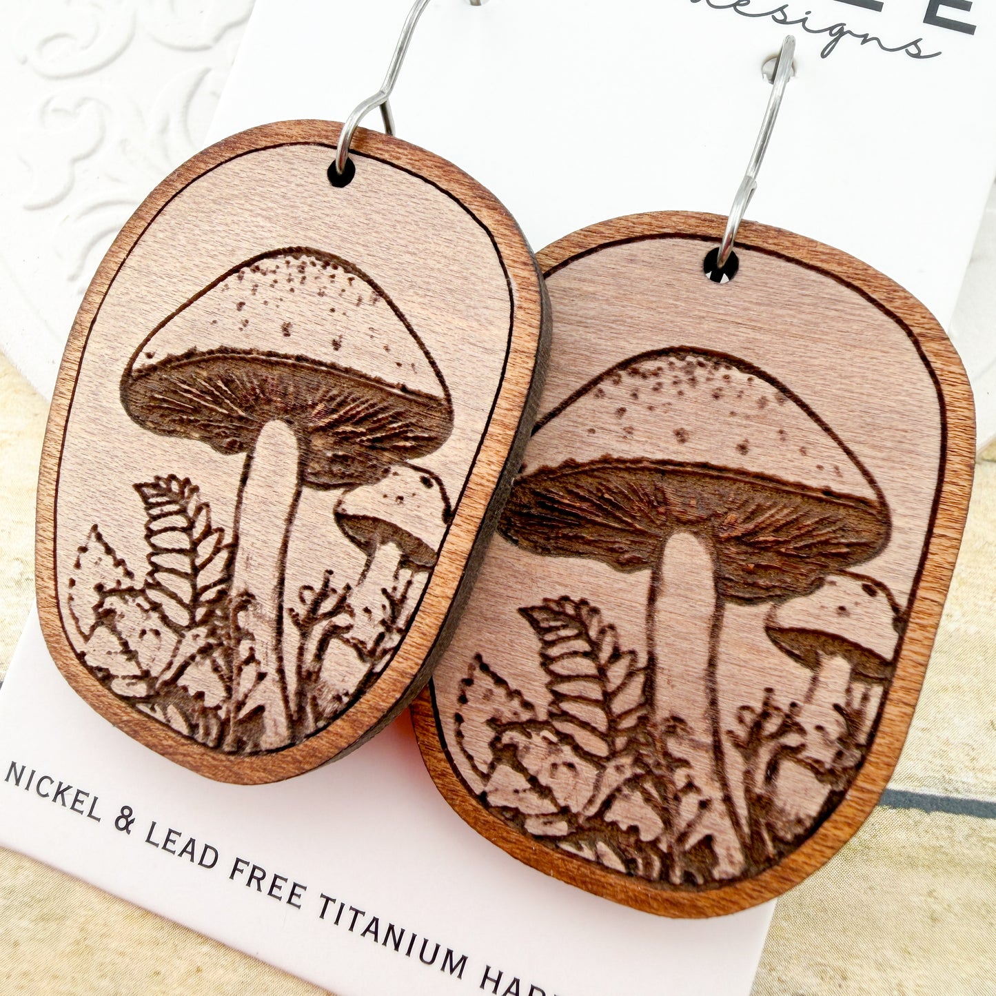Canopy Mushroom Wooden Earrings - Titanium for Sensitive Ears