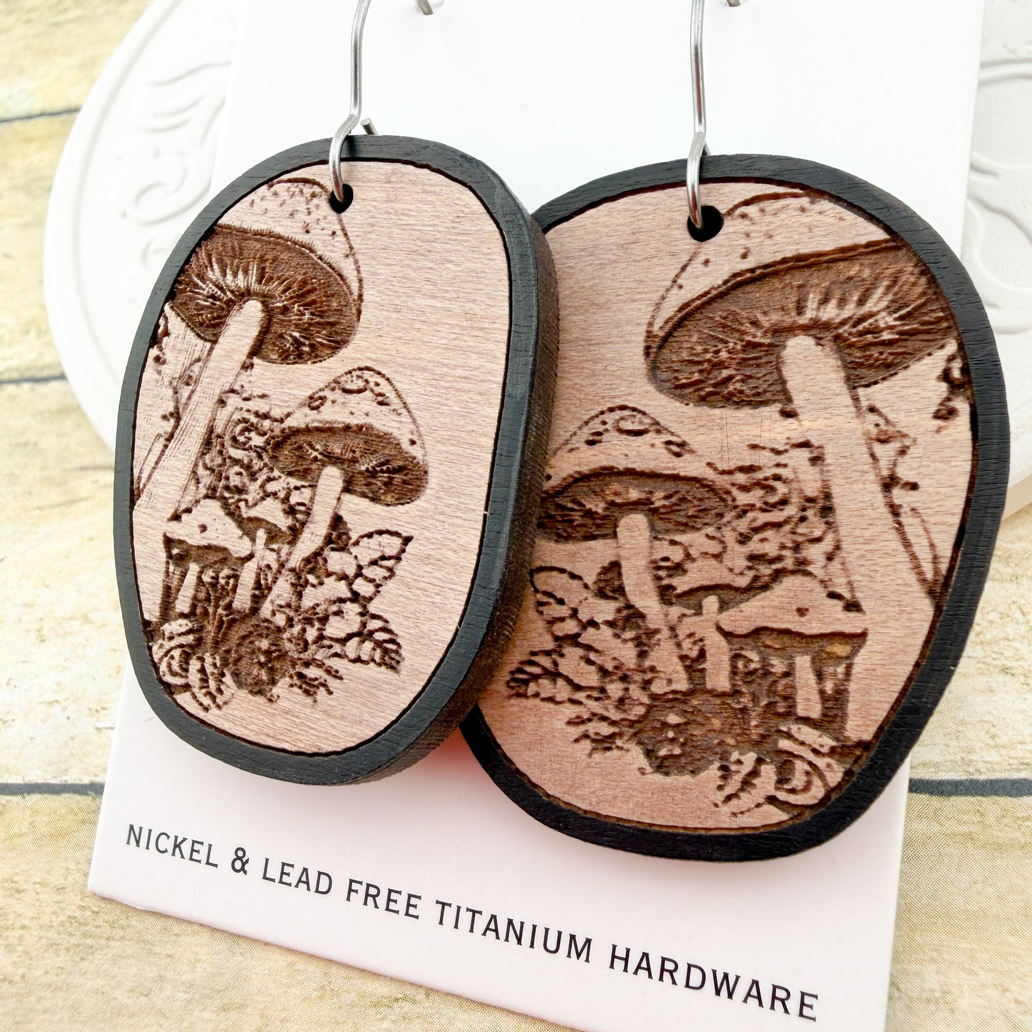 Nightcap Mushroom Wooden Earrings - Titanium for Sensitive Ears
