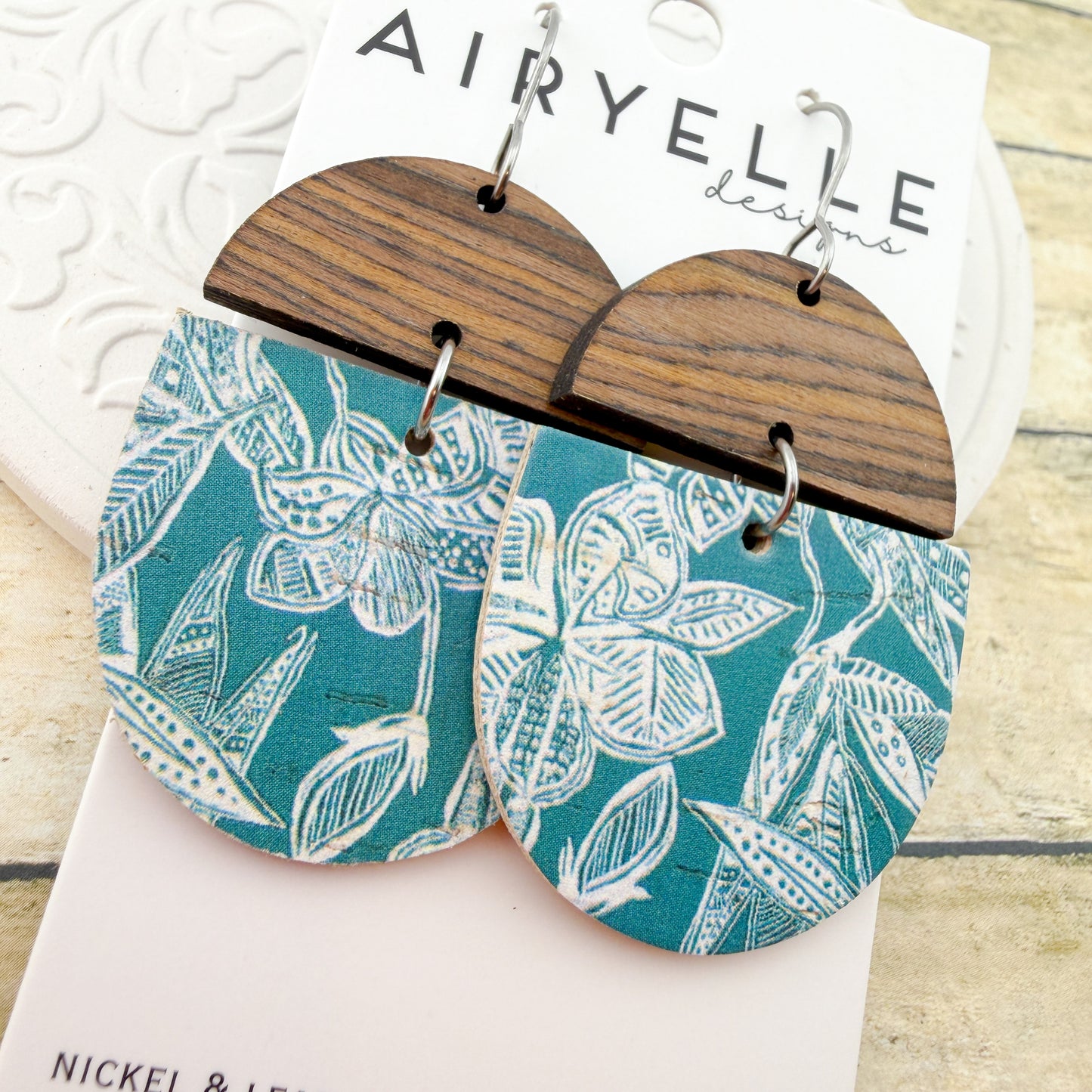 Island Petals Teal Cork + Leather Scoop Earrings - Titanium for Sensitive Ears