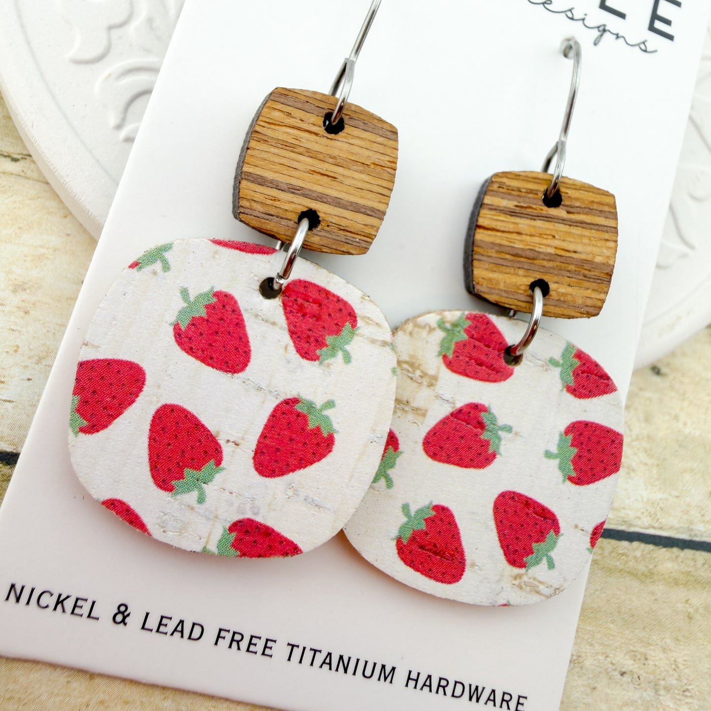 Strawberry Square Cork + Leather Earrings - Titanium for Sensitive Ears