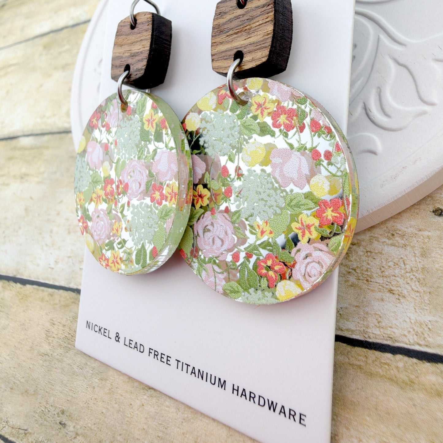Spring Meadow Acrylic + Wood Round Earrings - Titanium for Sensitive Ears