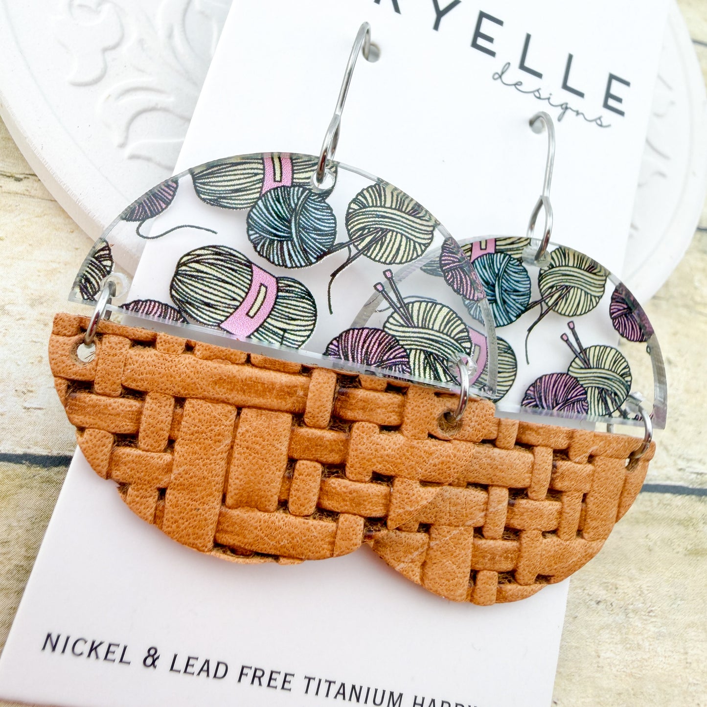 Yarn Basket Acrylic + Leather Earrings - Titanium for Sensitive Ears