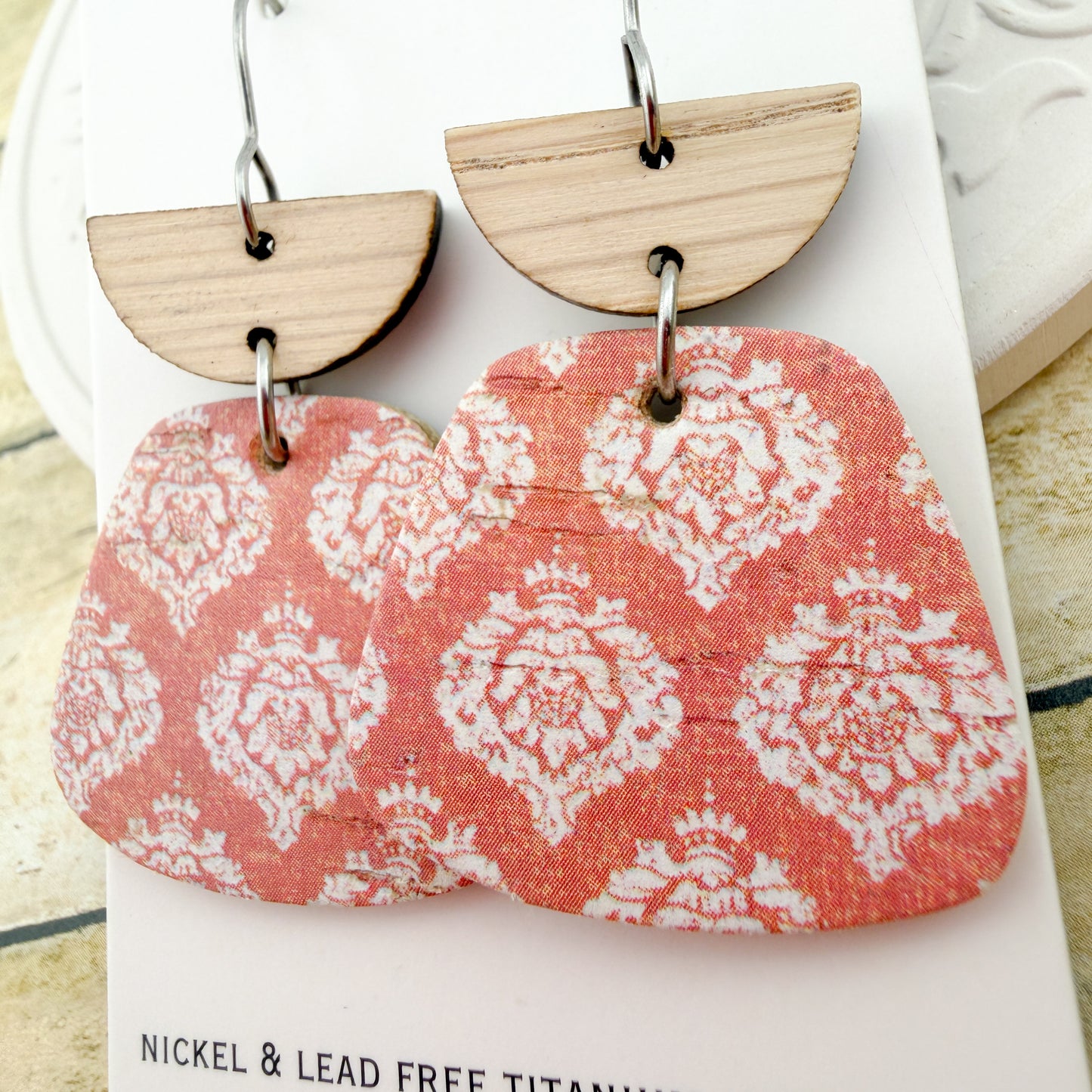 Savannah Lace Mini Trapezoid Cork + Leather Earrings - Titanium for Sensitive Ears