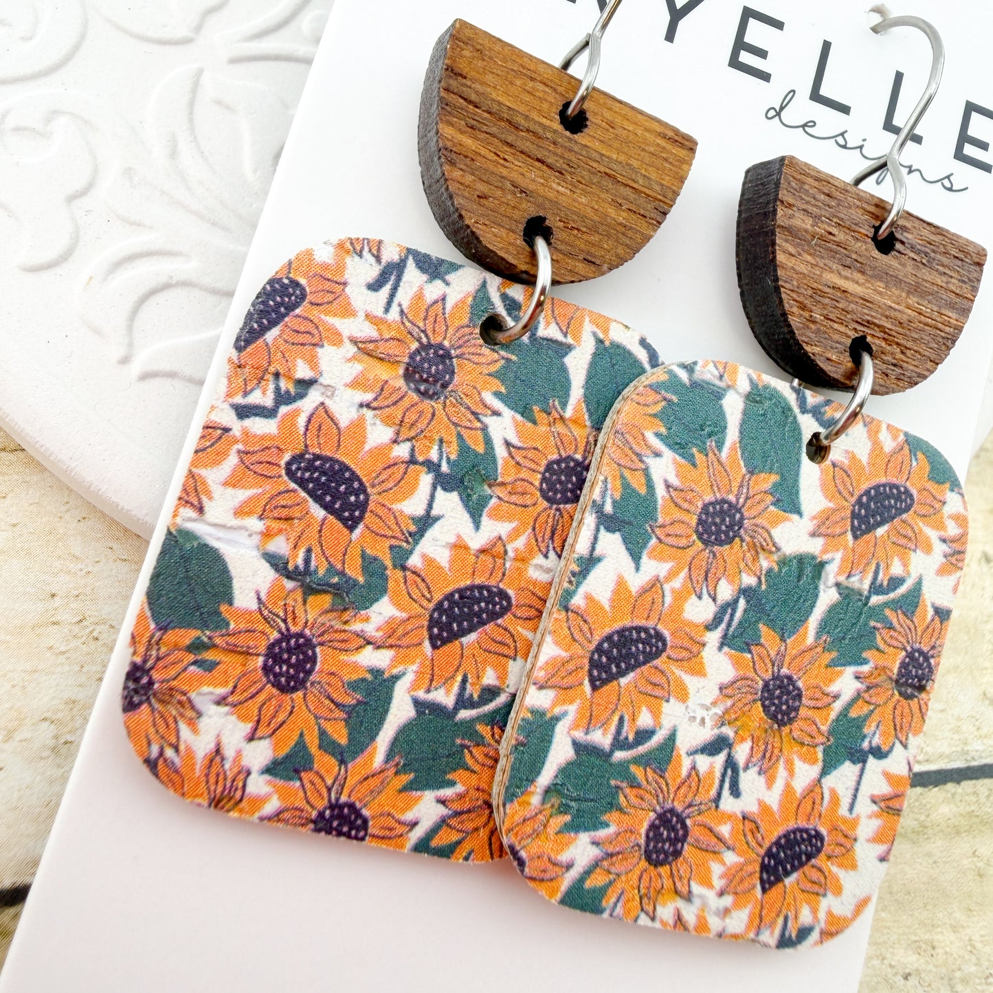 Sunflower Square Cork + Leather Earrings - Titanium for Sensitive Ears