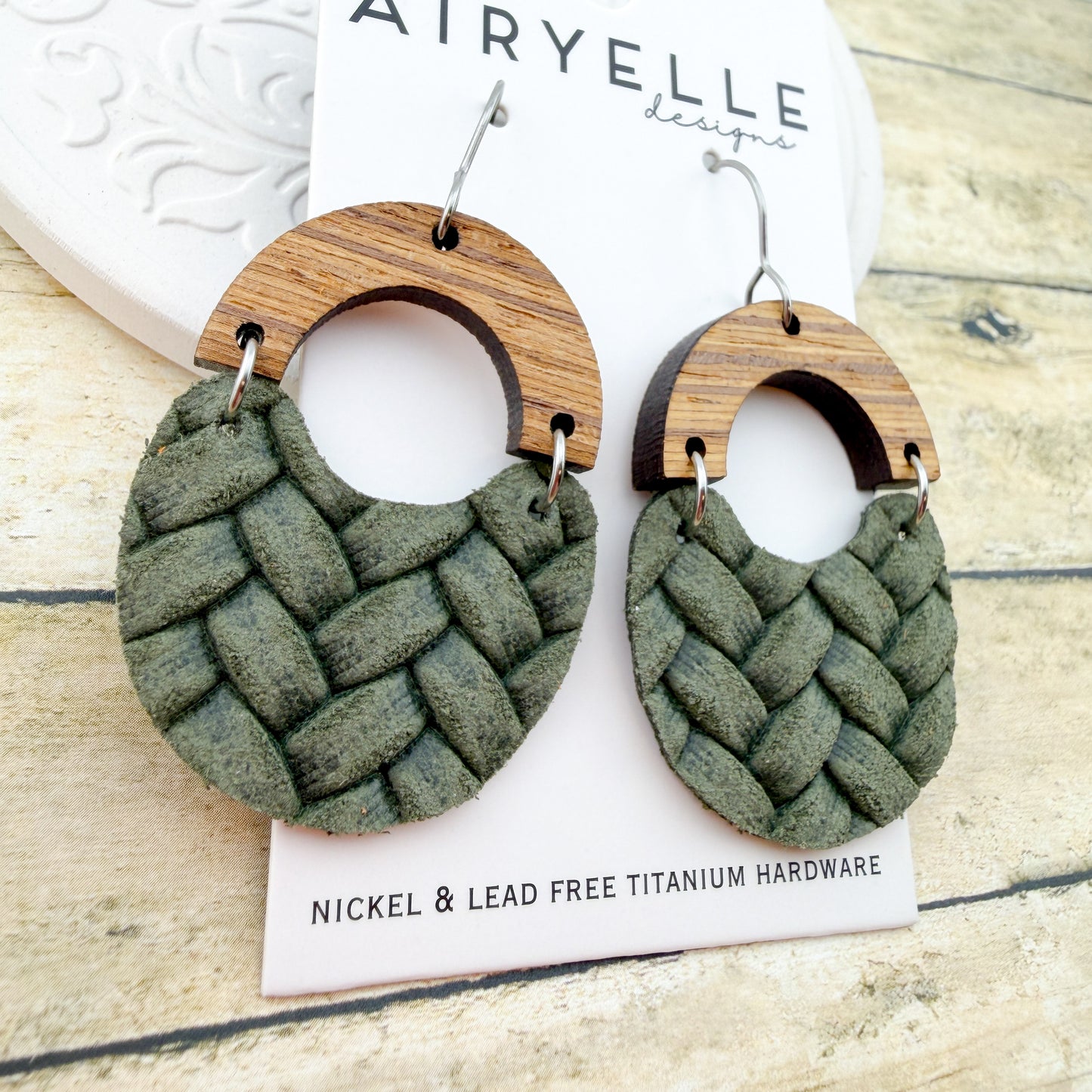 Olive Box Braid Leather Scoop Earrings - Titanium for Sensitive Ears