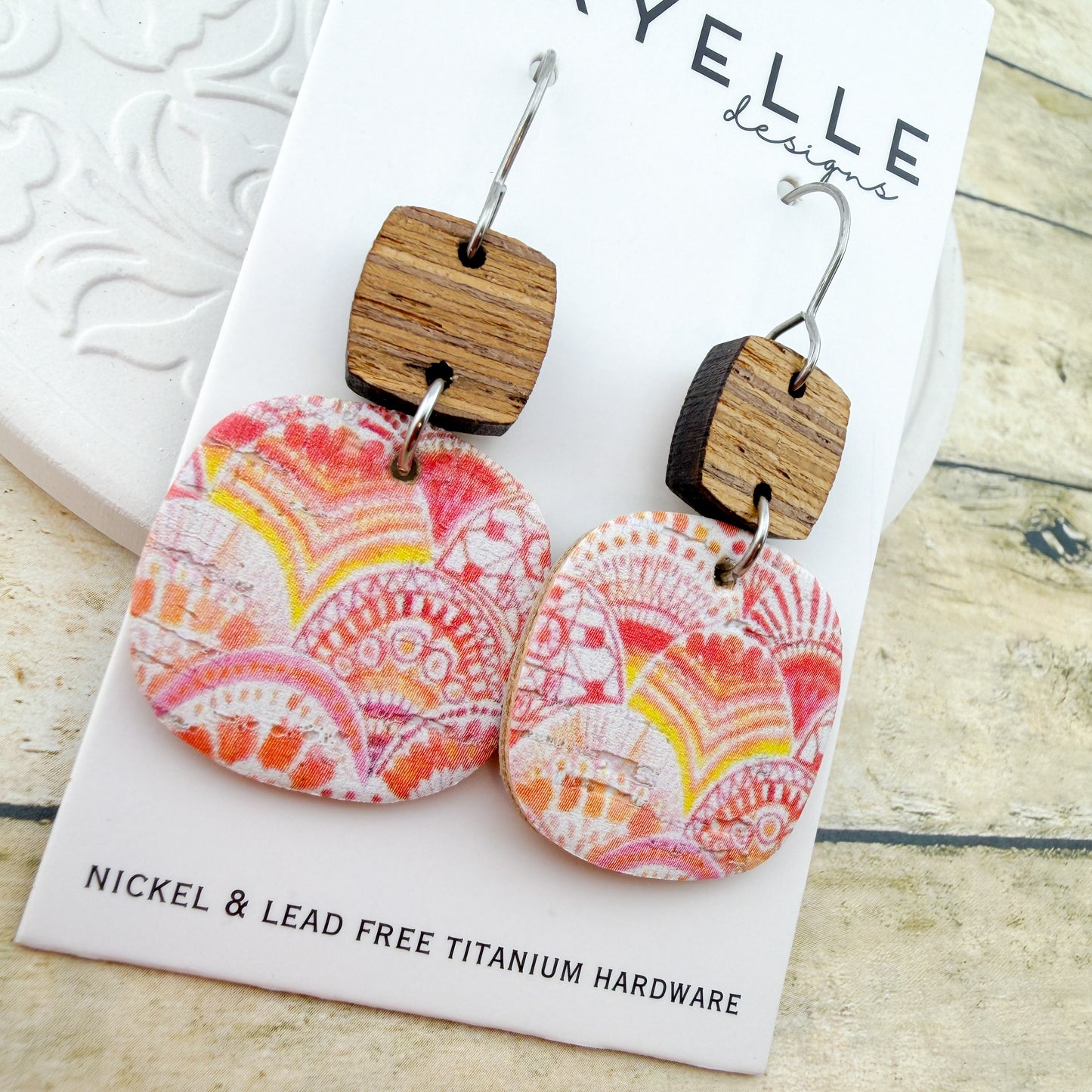 Citrus Sunrise Square Cork + Leather Earrings - Titanium for Sensitive Ears