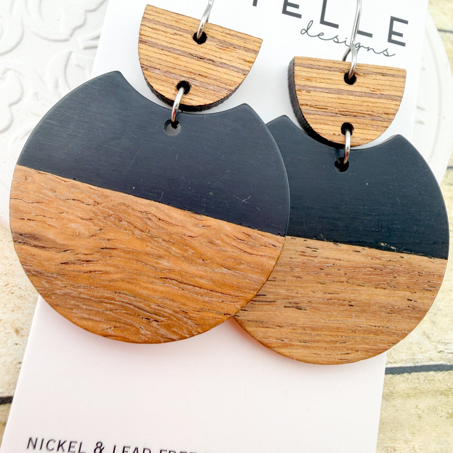Black Eclipse Wood + Acrylic Round Earrings - Titanium for Sensitive Ears