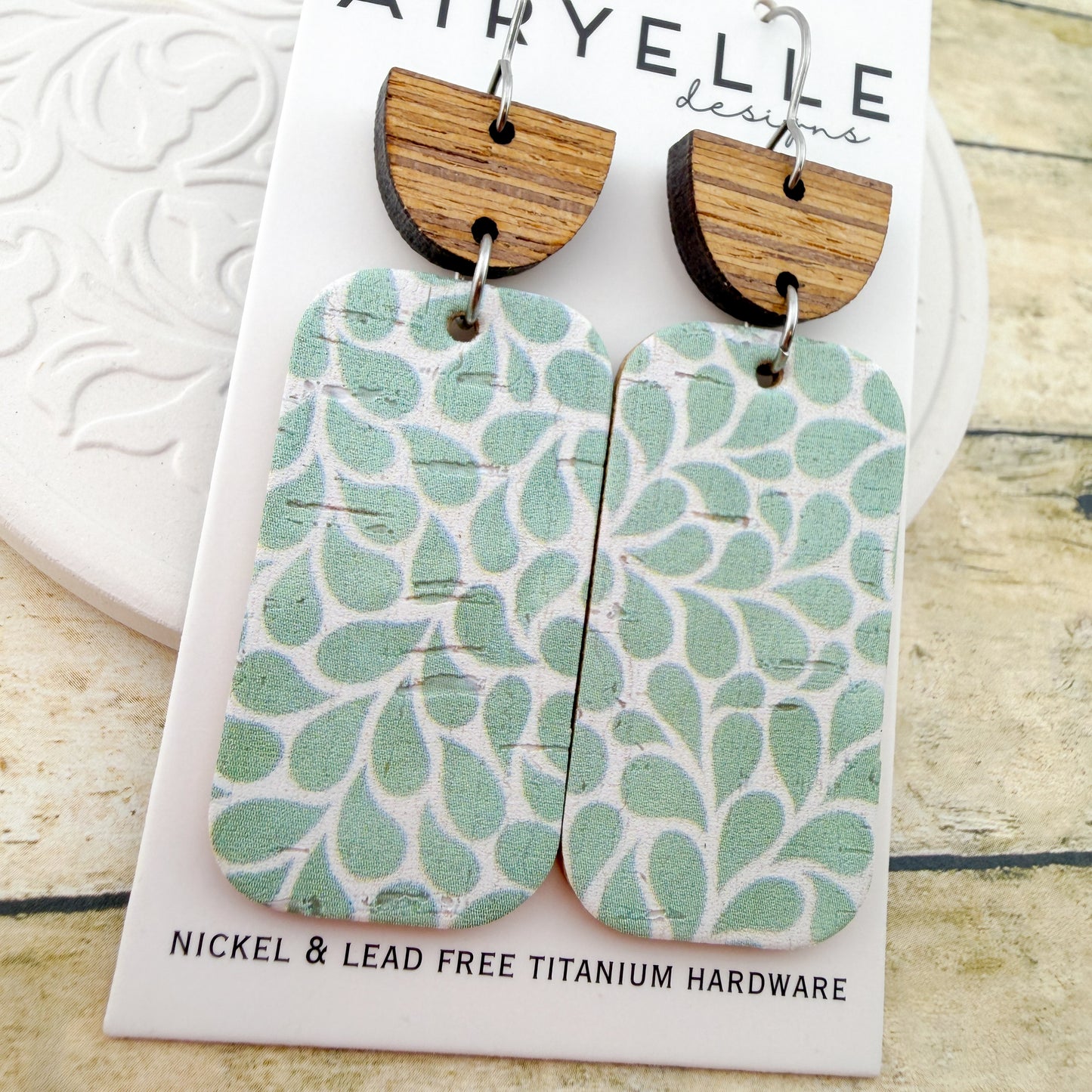 Green Leaf Drops Cork + Leather Earrings - Titanium for Sensitive Ears