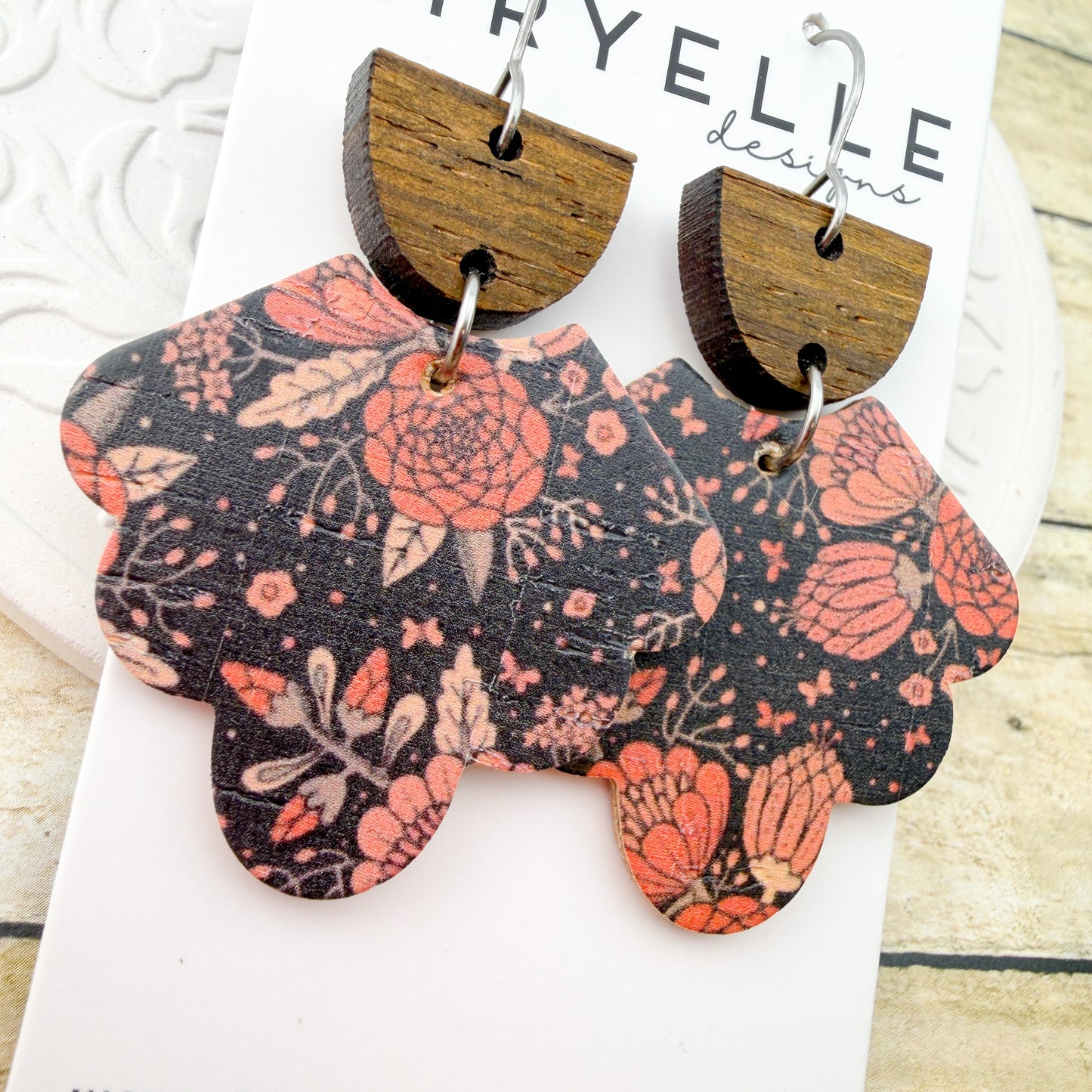 Vintage Garden Scalloped Cork + Leather Earrings - Titanium for Sensitive Ears