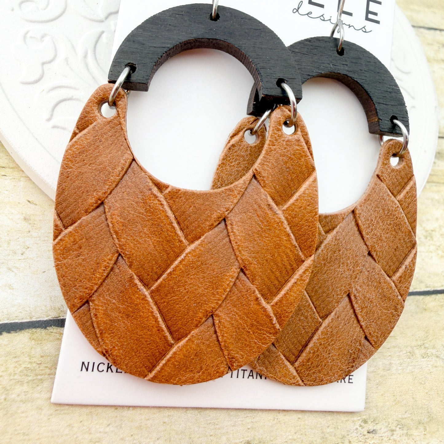 Saddle Box Braid Leather + Wood Scoop Earrings - Titanium for Sensitive Ears