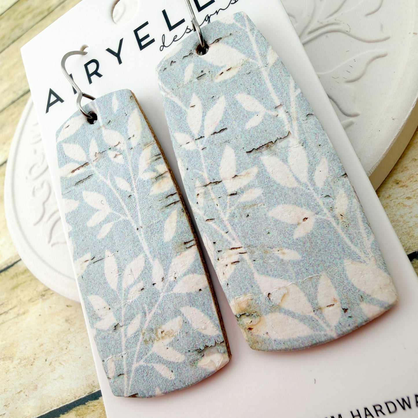 Light Blue Willow Cork + Leather Boxy Bar Earrings - Titanium for Sensitive Ears