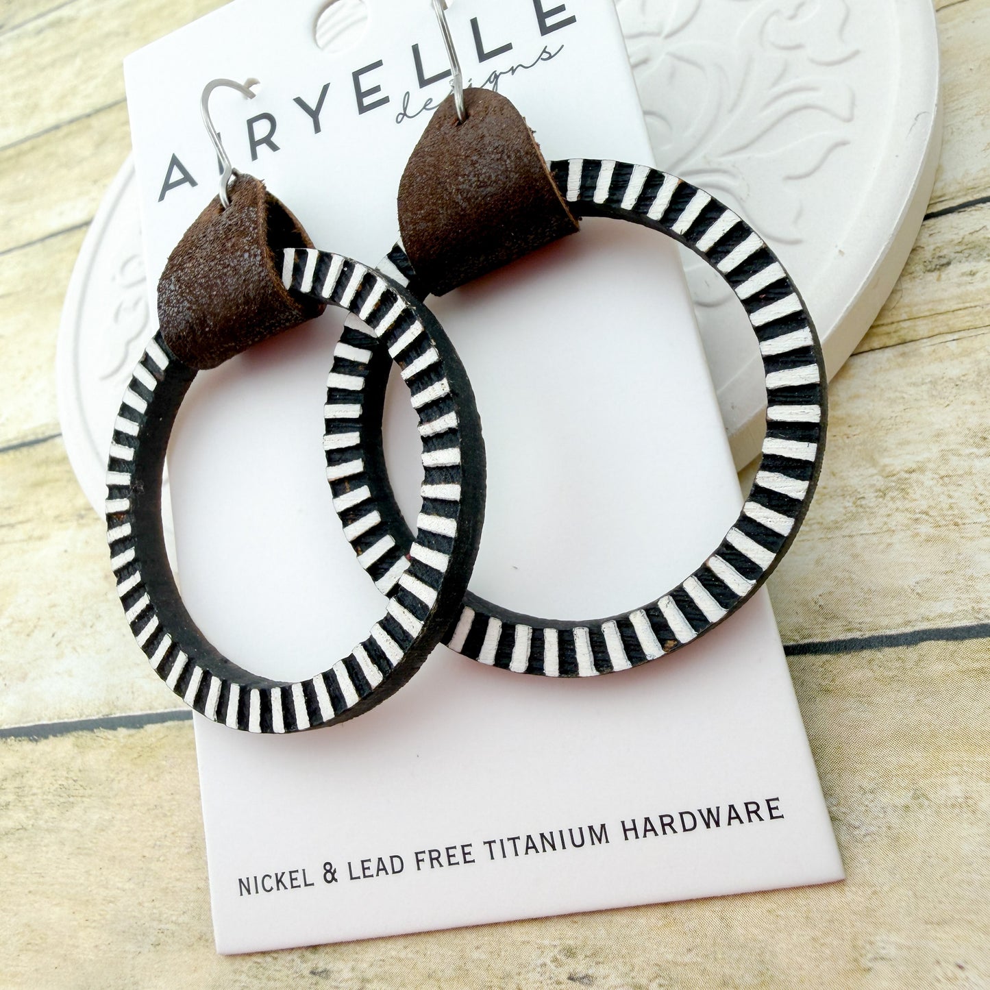 Black & White Pinstripe Hoop Earrings - Titanium for Sensitive Ears