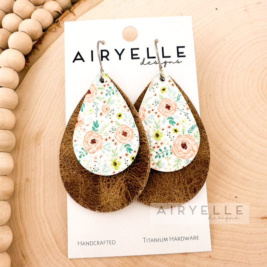 Rustic Blooms Cowhide Leather Teardrop Earrings