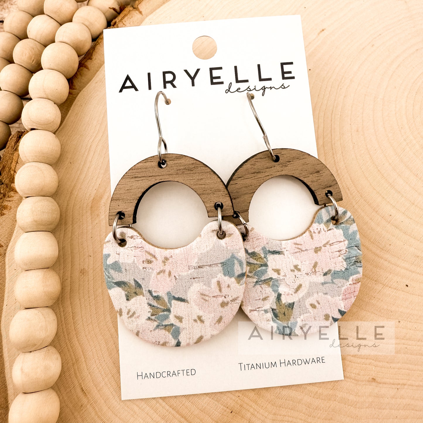 Pastel Floral Wood Arch Cork + Leather Scoop Earrings