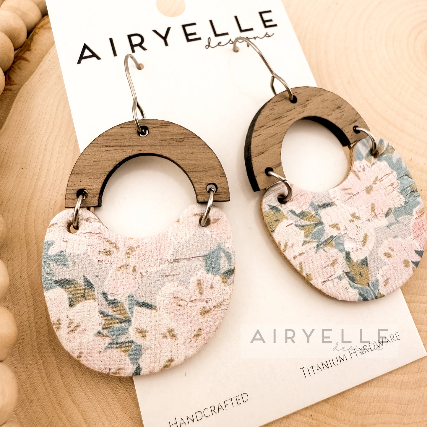 Pastel Floral Wood Arch Cork + Leather Scoop Earrings