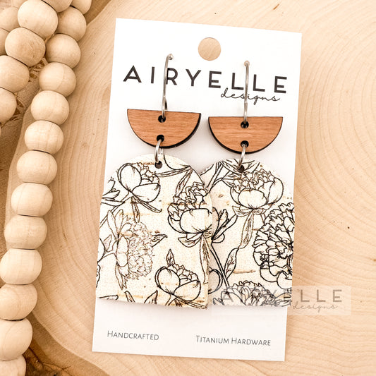 Peony Dreams Cork + Leather Wood Arch Earrings