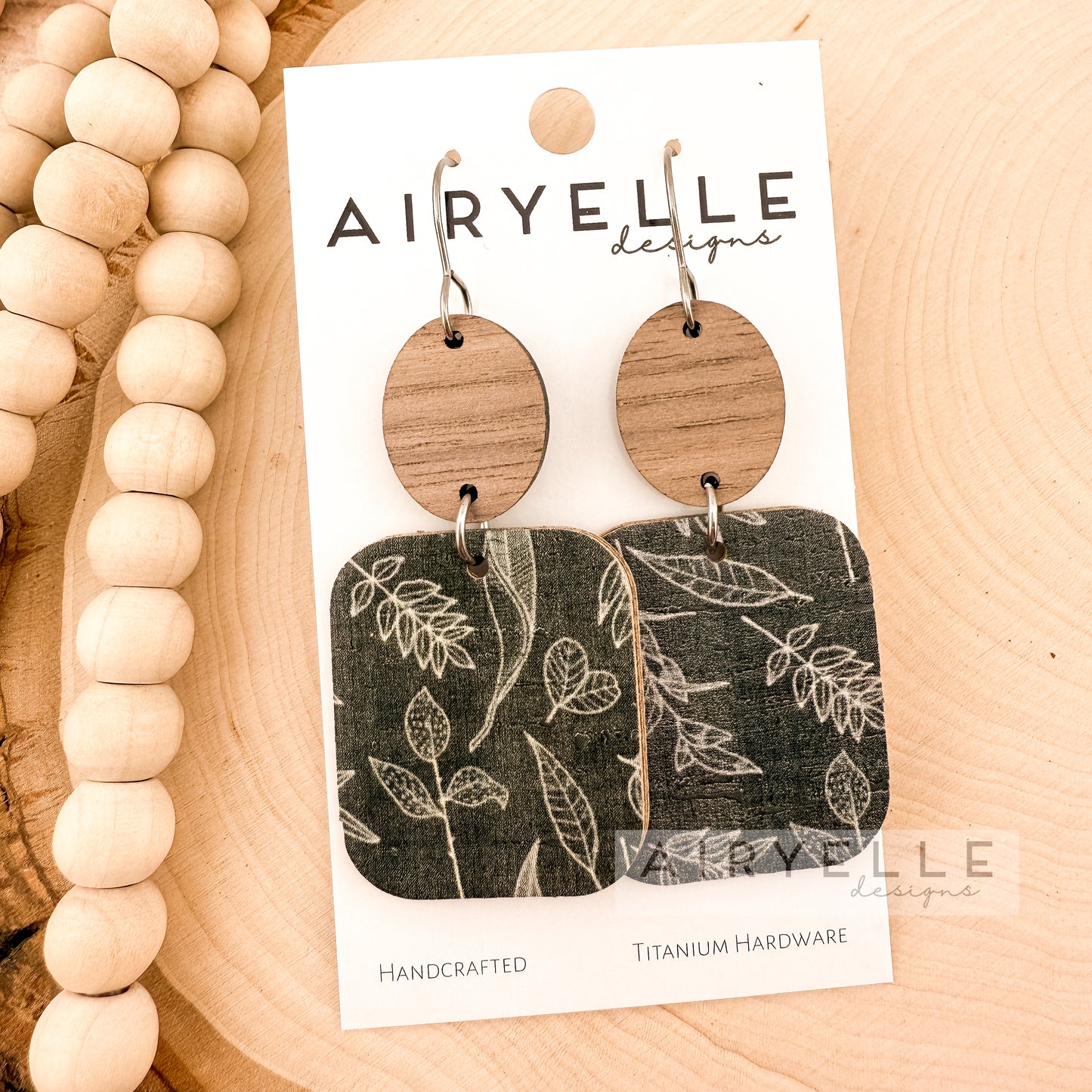 Sage Botanical Cork + Leather Wood Square Dangle Earrings