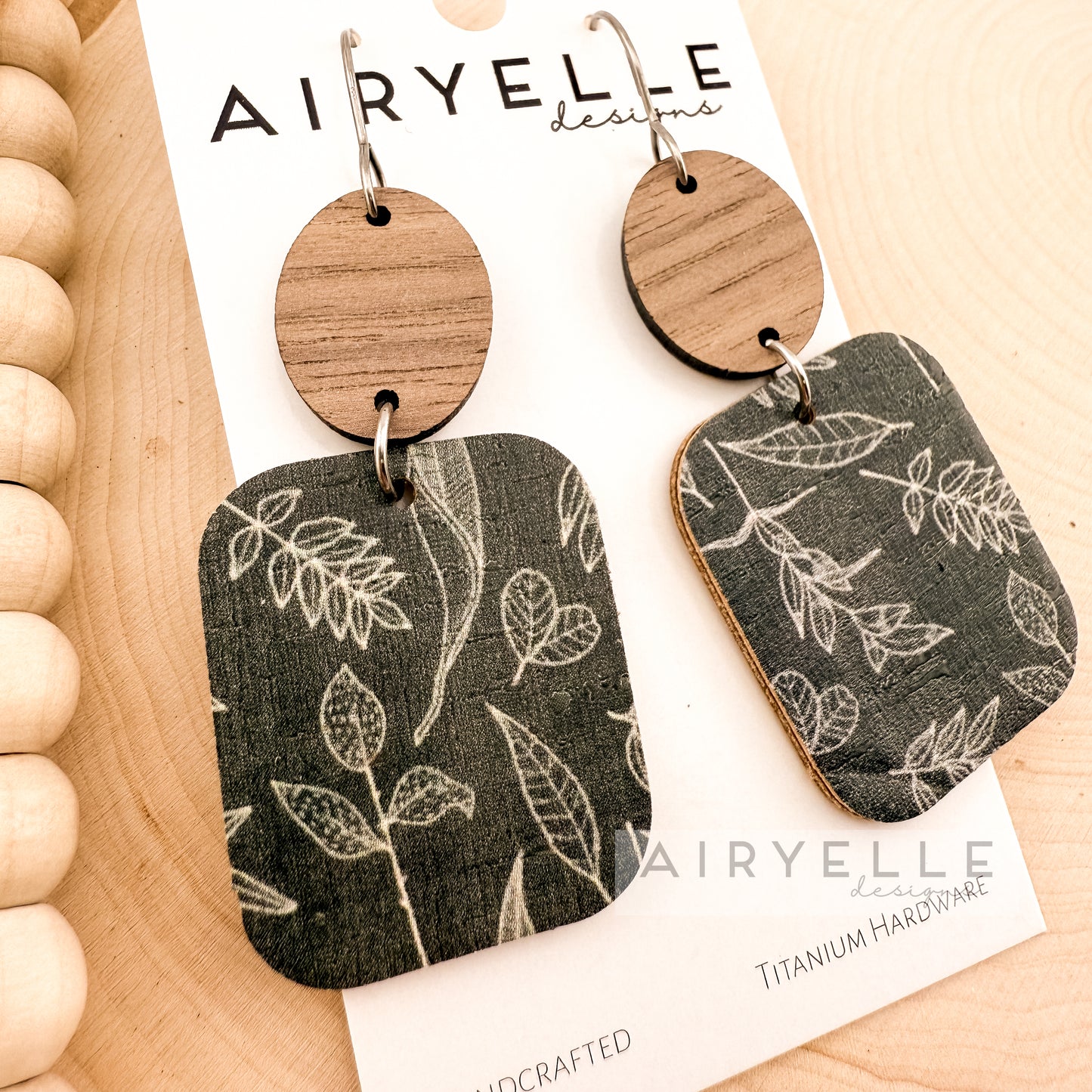 Sage Botanical Cork + Leather Wood Square Dangle Earrings