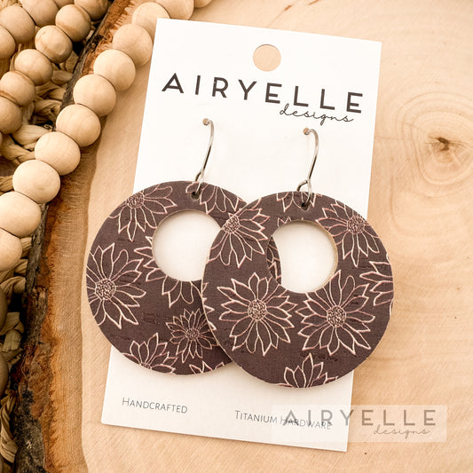 Midnight Sunflowers Cork + Leather Hoop Earrings