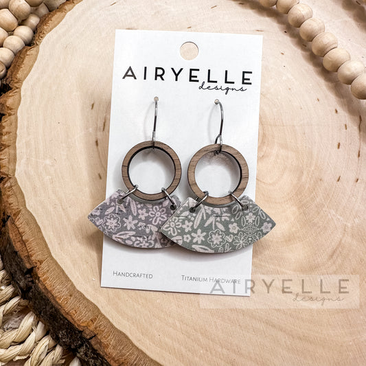 Sage Floral Wood Hoop Cork + Leather Earrings