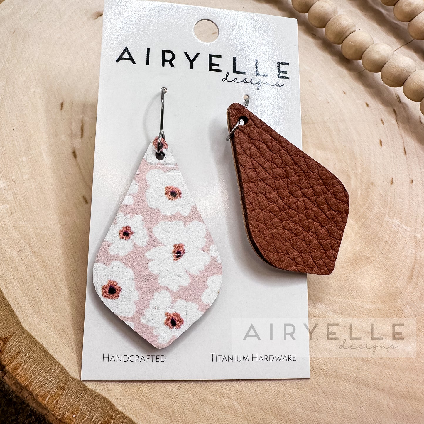 White Abstract Florals Drop Diamond Cork + Leather Earrings