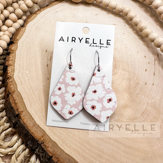 White Abstract Florals Drop Diamond Cork + Leather Earrings