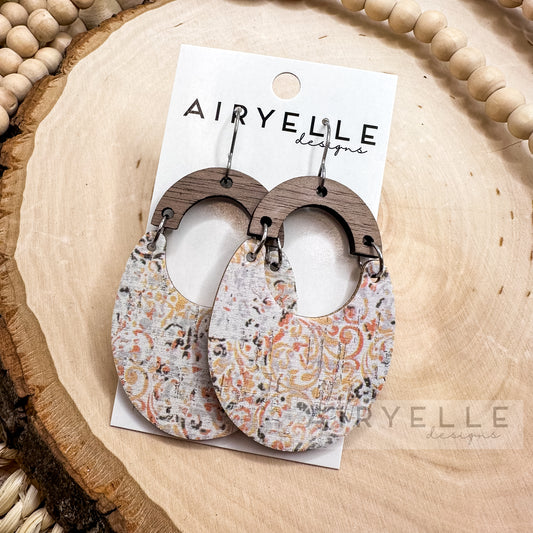 Antique Damask Wood Arch Cork + Leather Scoop Earrings
